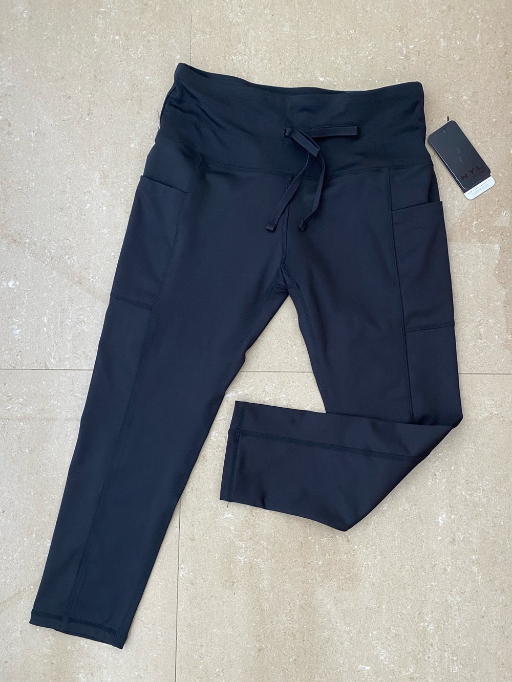 NY laundry-high-Waist Black Drawstring Leggings with Side Pockets